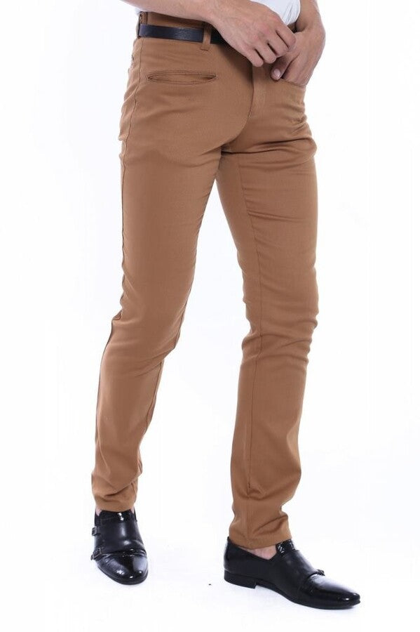 Pantaloni da uomo slim fit in cotone marrone chiaro con fantasia - Wessi