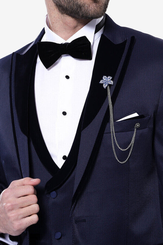 Smoking bleu marine à revers en velours à motifs | Wess