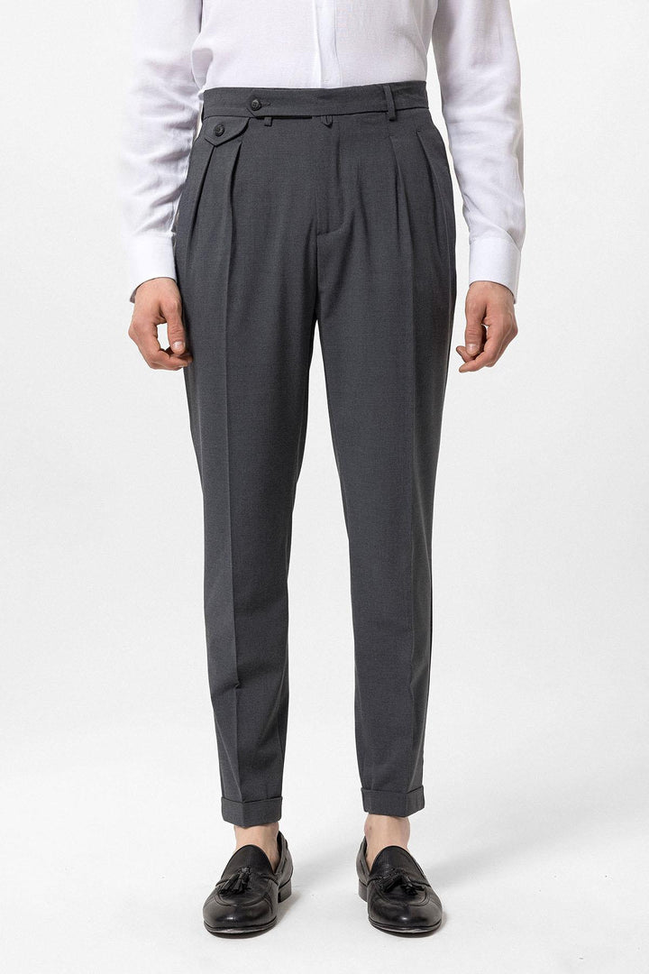 Men's Grey Pleated High-Waisted  Pants - Wessi
