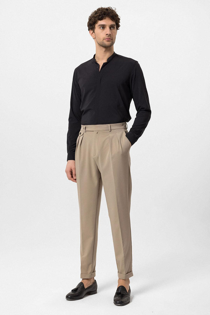 Men's Beige Pleated High-Waisted  Pants - Wessi