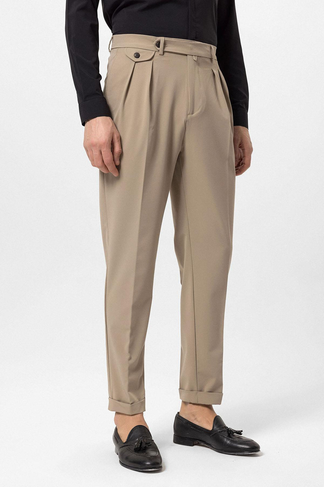 Men's Beige Pleated High-Waisted  Pants - Wessi