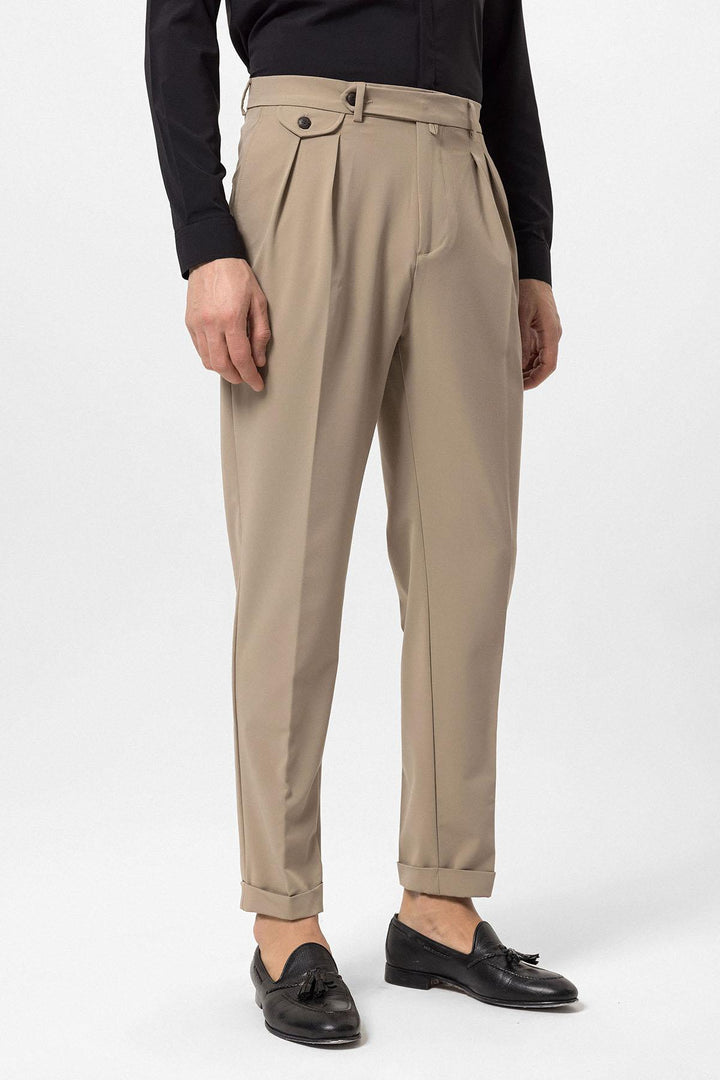 Men's Beige Pleated High-Waisted  Pants - Wessi
