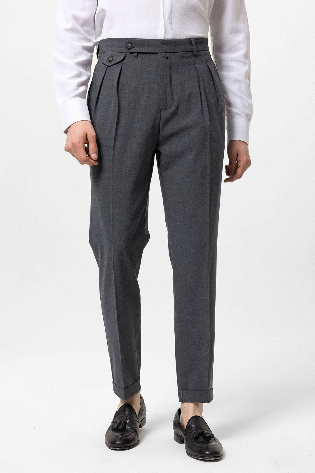 Men's Grey Pleated High-Waisted  Pants - Wessi