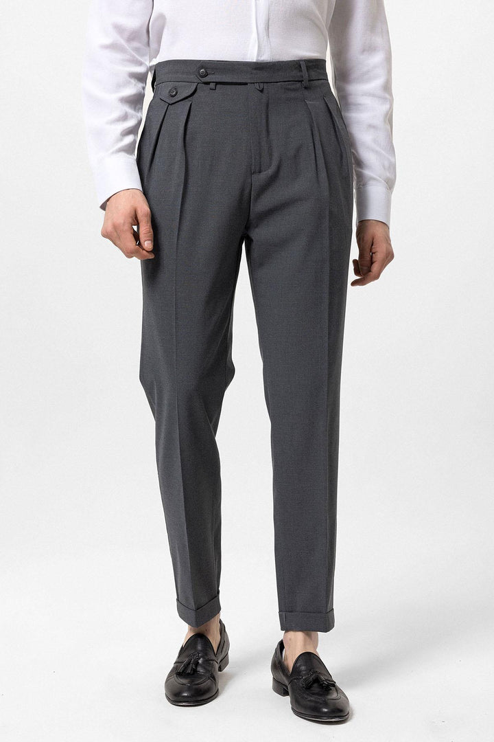 Men's Grey Pleated High-Waisted  Pants - Wessi