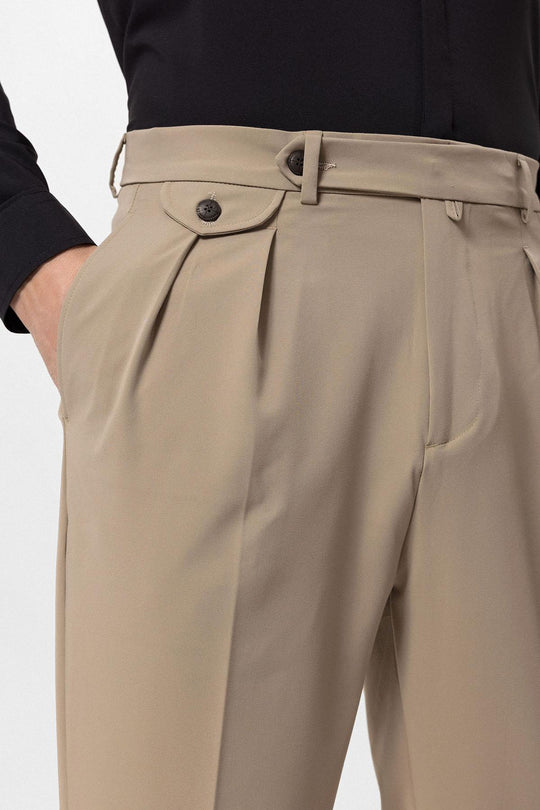 Men's Beige Pleated High-Waisted  Pants - Wessi