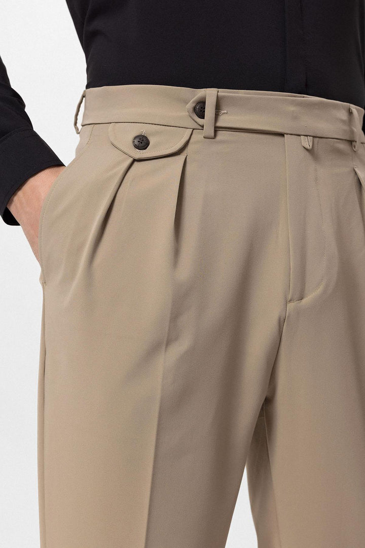 Men's Beige Pleated High-Waisted  Pants - Wessi