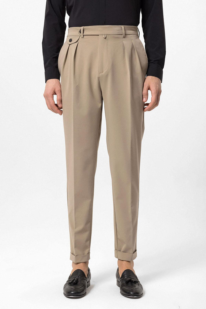 Men's Beige Pleated High-Waisted  Pants - Wessi