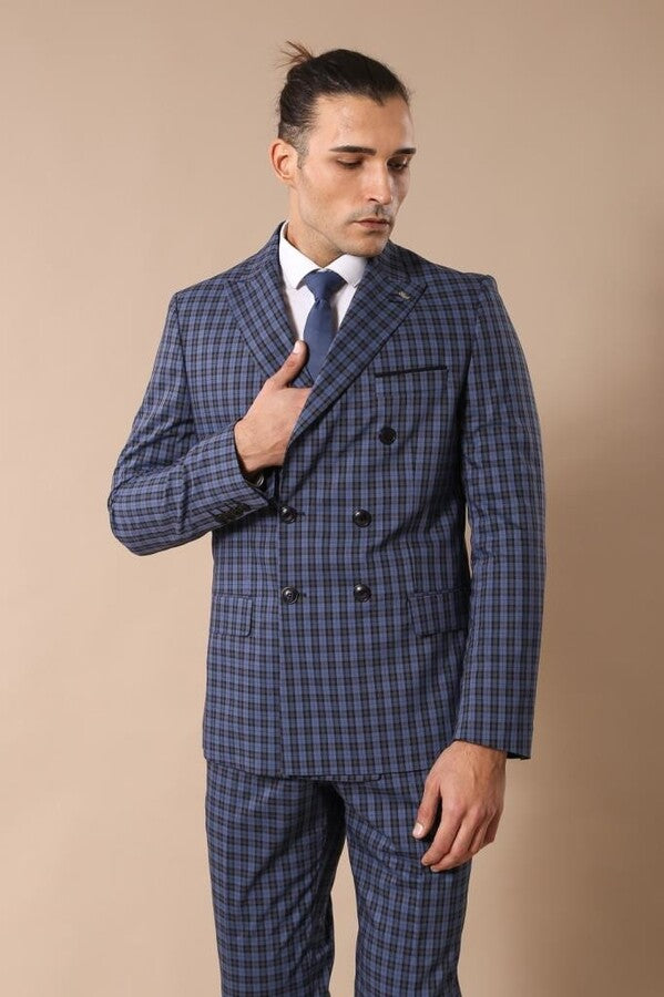 Costume croisé bleu marine à carreaux pour homme | Wess