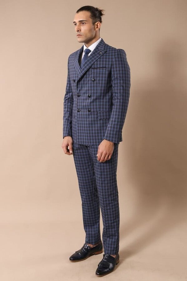 Costume croisé bleu marine à carreaux pour homme | Wess