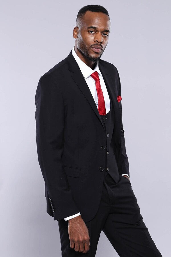 بدلة رجالية مكونة من ثلاث قطع باللون الأسود - ويسي