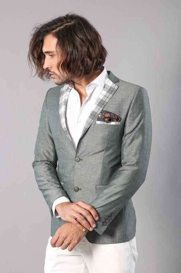 Blazer in lino da uomo scozzese con tasca e colletto - Wessi