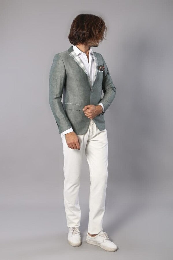 Blazer in lino da uomo scozzese con tasca e colletto - Wessi