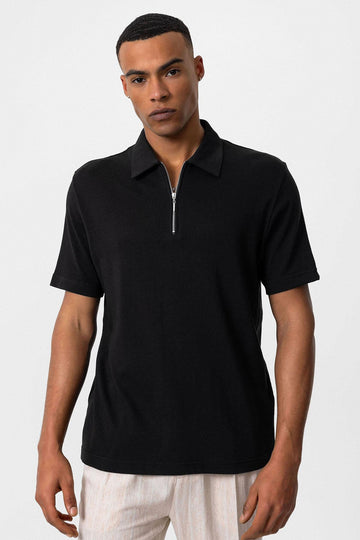 T-Shirt Zippé Col Polo Noir Homme - Wessi