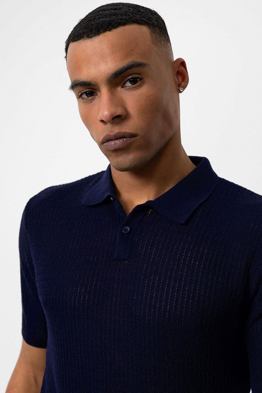 Мужская темно-синяя вязаная футболка с воротником поло - Wessi