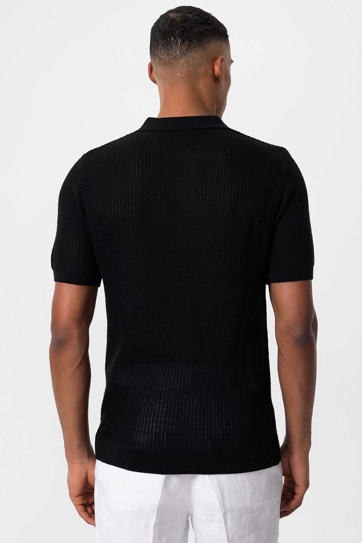 Men's Black Polo Collar Knit T-Shirt - Wessi