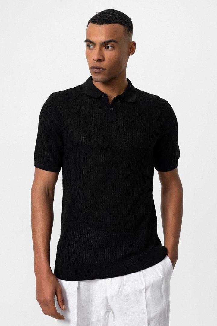 Men's Black Polo Collar Knit T-Shirt - Wessi