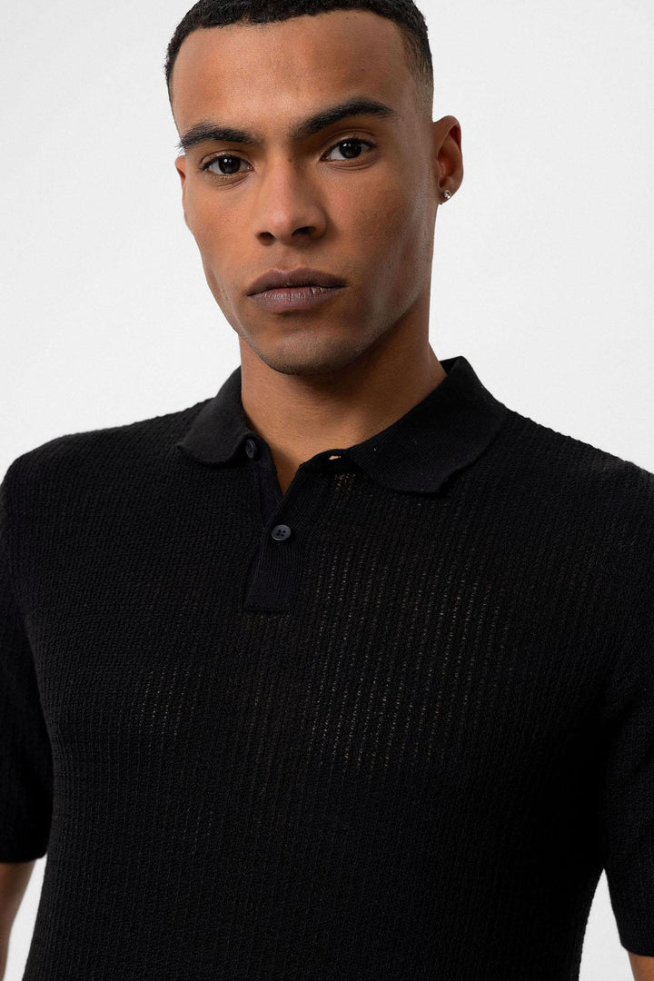 Men's Black Polo Collar Knit T-Shirt - Wessi