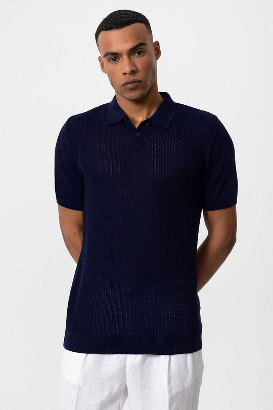 Мужская темно-синяя вязаная футболка с воротником поло - Wessi