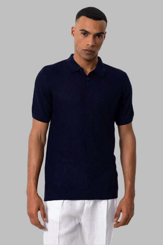 Мужская темно-синяя вязаная футболка с воротником поло - Wessi