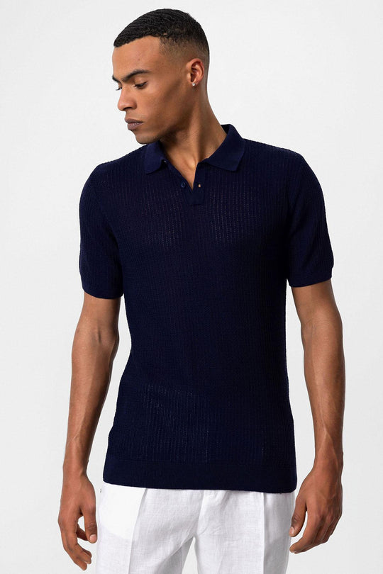 Мужская темно-синяя вязаная футболка с воротником поло - Wessi