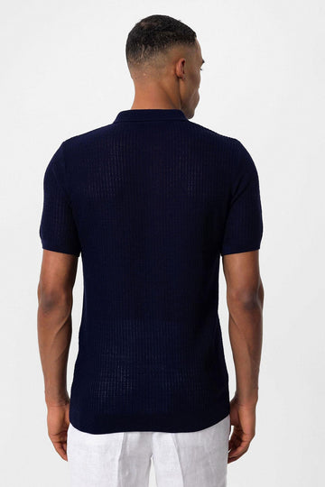 Мужская темно-синяя вязаная футболка с воротником поло - Wessi