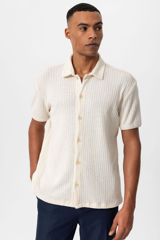 Men's Ecru Polo Collar Knit Short-Sleeve Shirt - Wessi Wessi - Discover Diversity Men's Ecru Polo Collar Knit Short-Sleeve Shirt - Wessi Wessi - Discover Diversity