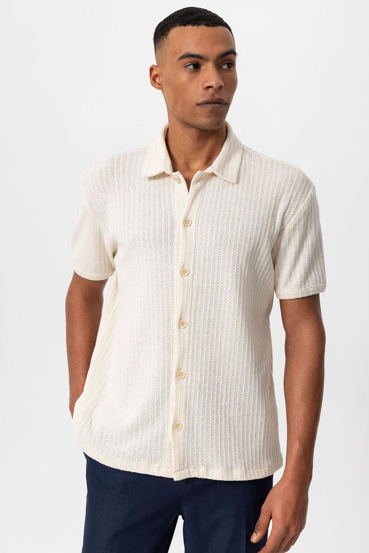 Men's Ecru Polo Collar Knit Short-Sleeve Shirt - Wessi