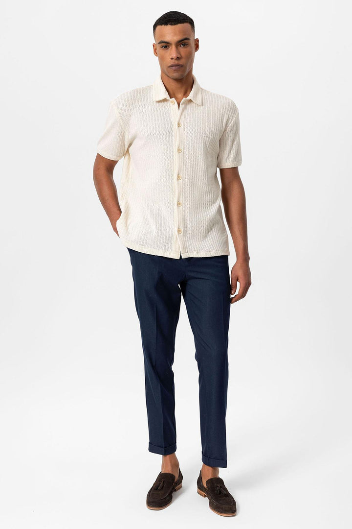 Men's Ecru Polo Collar Knit Short-Sleeve Shirt - Wessi