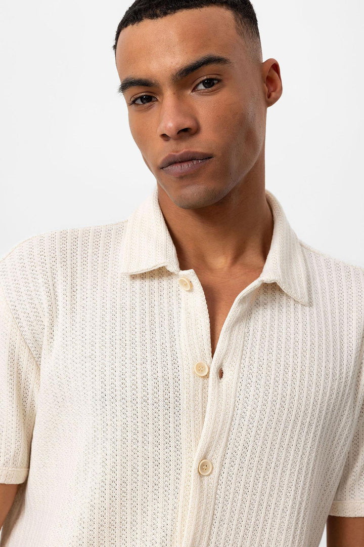 Men's Ecru Polo Collar Knit Short-Sleeve Shirt - Wessi