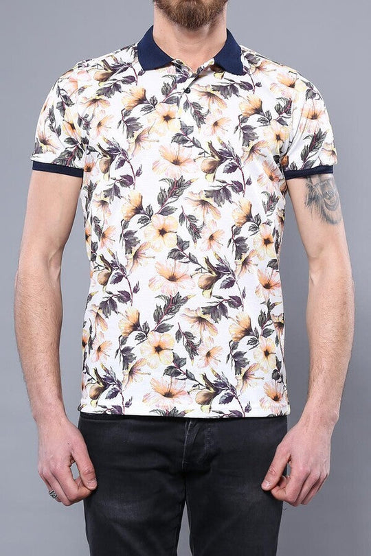 Polo Neck Floral Pattern Orange T-Shirt - Wessi