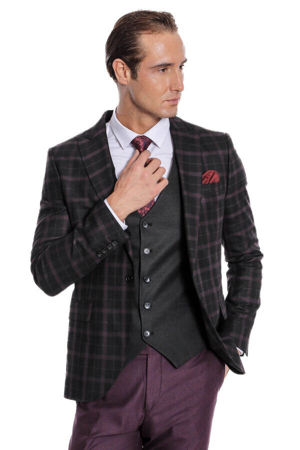 Costume Homme Violet Veste Slim Fit à Carreaux Noir - Wessi