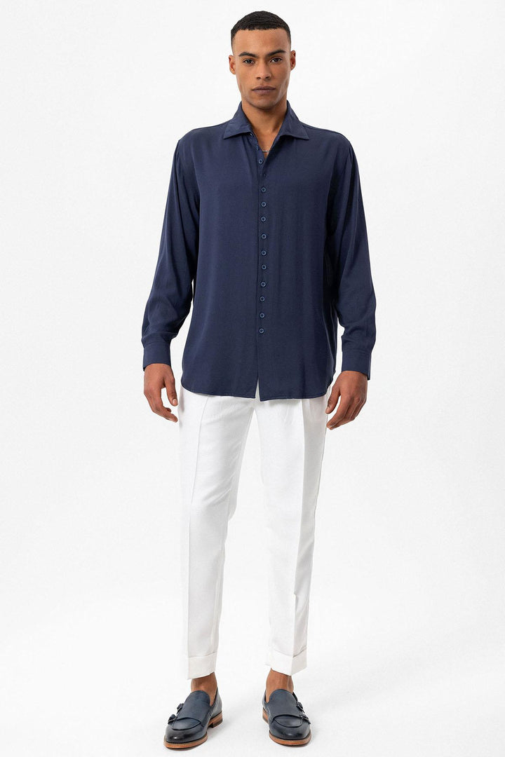 Chemise Homme Bleu Marine Coupe Regular Col Camp - Wessi