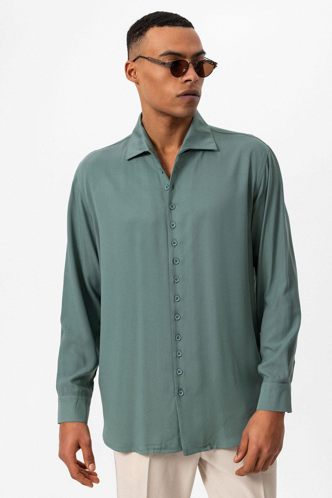 Men's Green Regular Fit Camp Collar Shirt - Wessi