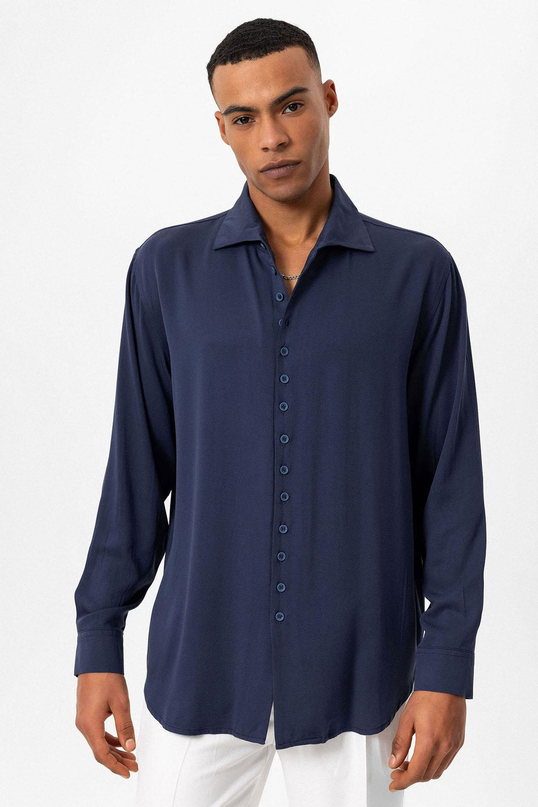 Chemise Homme Bleu Marine Coupe Regular Col Camp - Wessi