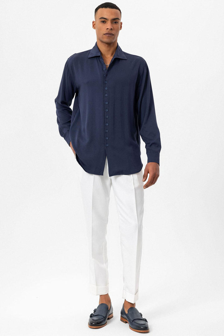 Chemise Homme Bleu Marine Coupe Regular Col Camp - Wessi