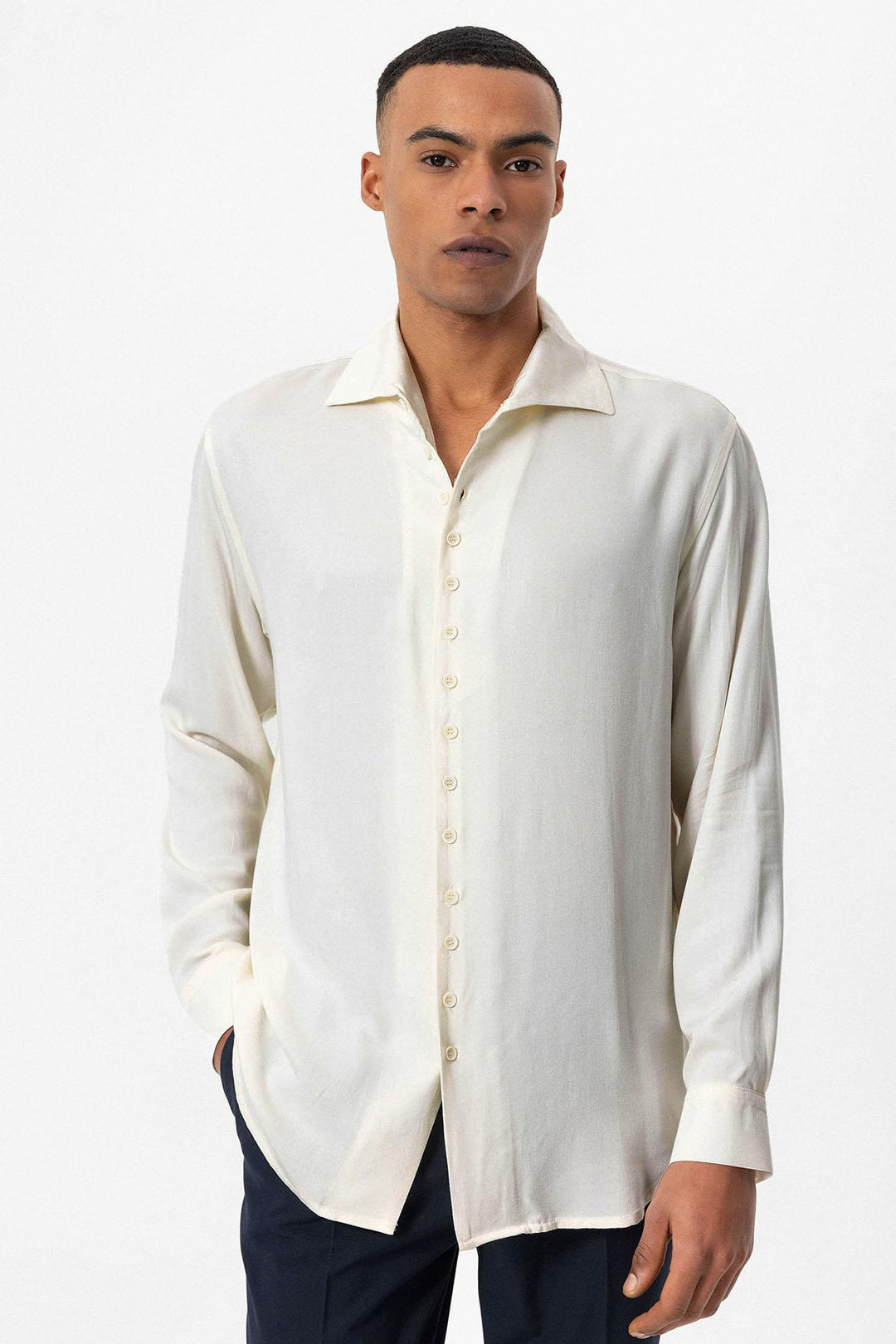 Men's Ecru Regular Fit Camp Collar Shirt - Wessi