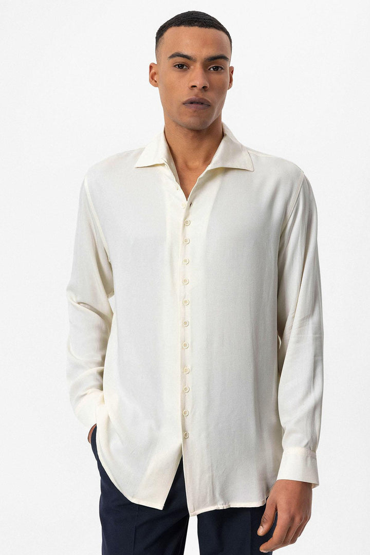 Men's Ecru Regular Fit Camp Collar Shirt - Wessi