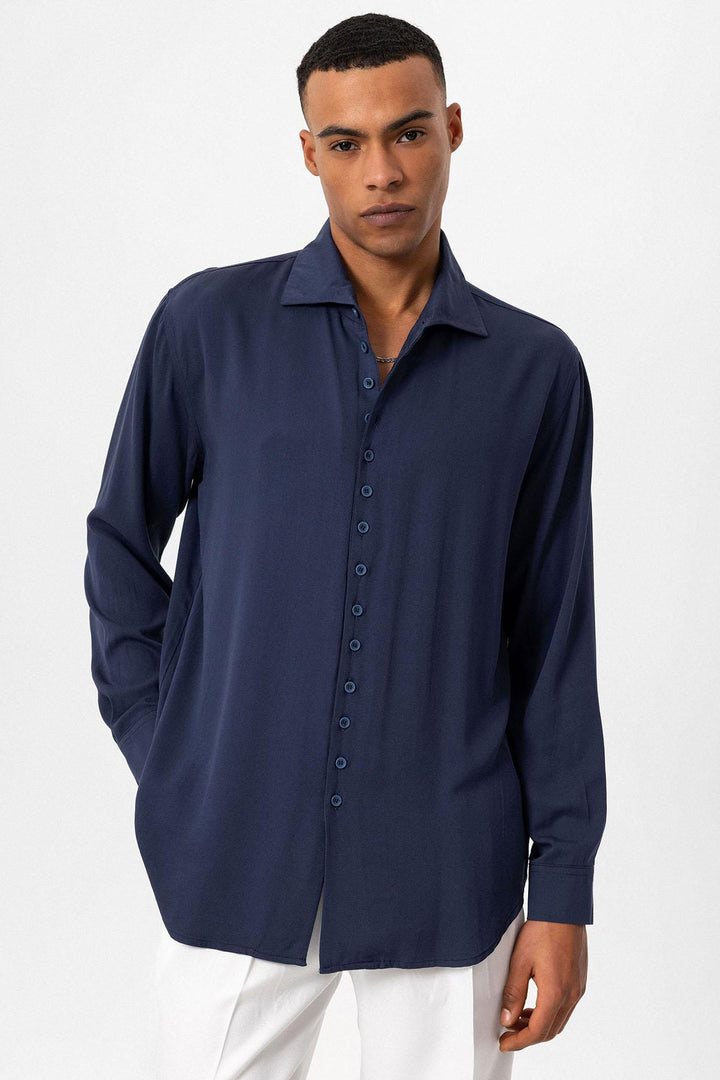Chemise Homme Bleu Marine Coupe Regular Col Camp - Wessi