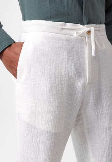 Men's White Regular Fit Drawstring Pants - Wessi