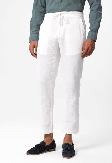 Men's White Regular Fit Drawstring Pants - Wessi
