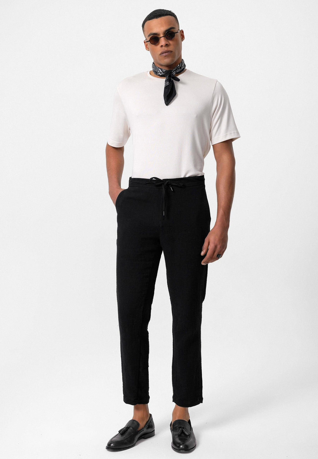 Men's Black Regular Fit Drawstring Pants - Wessi