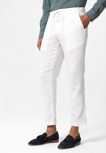 Men's White Regular Fit Drawstring Pants - Wessi