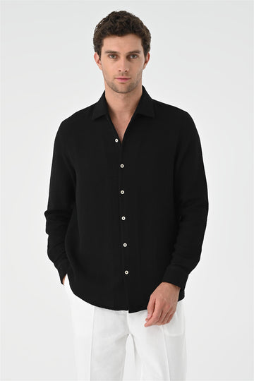 Men's Black Regular Fit Woven  Shirt - Wessi