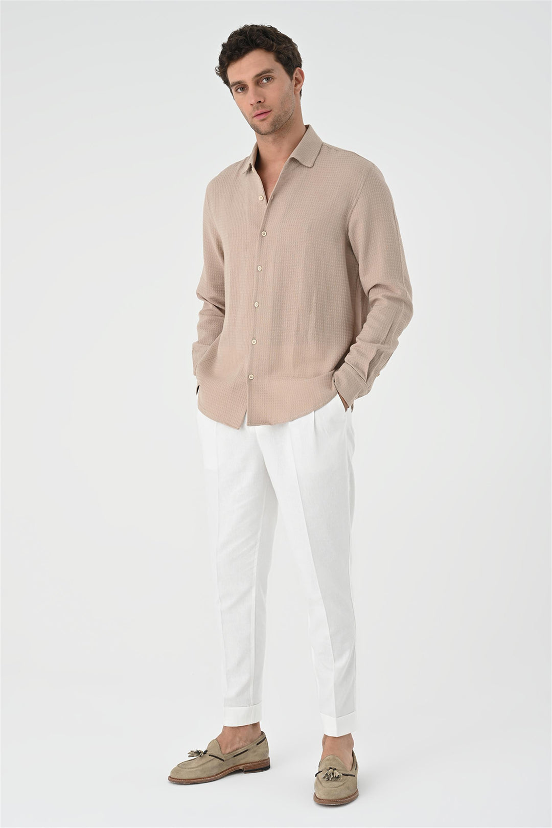 Men's Beige Regular Fit Woven  Shirt - Wessi