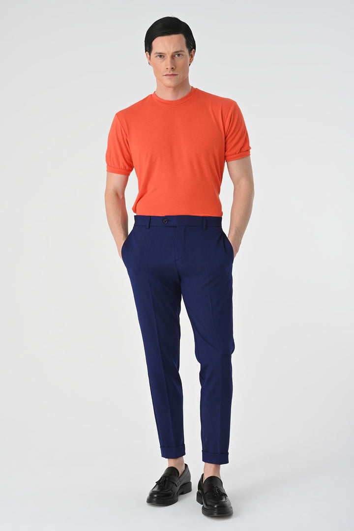 Men's Light Navy Blue Regular Fit Double Leg  Trousers - Wessi