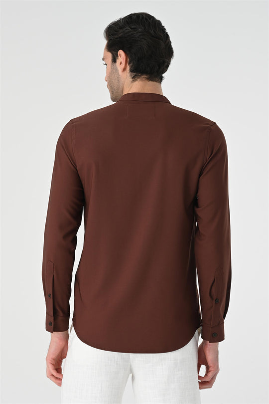brown dress with white dots tumblr Men's Brown Regular Fit Mandarin Collar Shirt - Wessi – Wessi