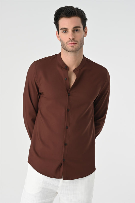 Men's Brown Regular Fit Mandarin Collar Shirt - Wessi Wessi - Discover Diversity Men's Brown Regular Fit Mandarin Collar Shirt - Wessi Wessi - Discover Diversity
