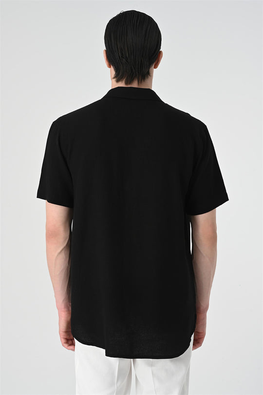 Men's Black Relax Fit Shawl Collar Short Sleeve  Shirt - Wessi