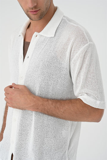 Men's White Relax Fit Knitwear  Shirt - Wessi
