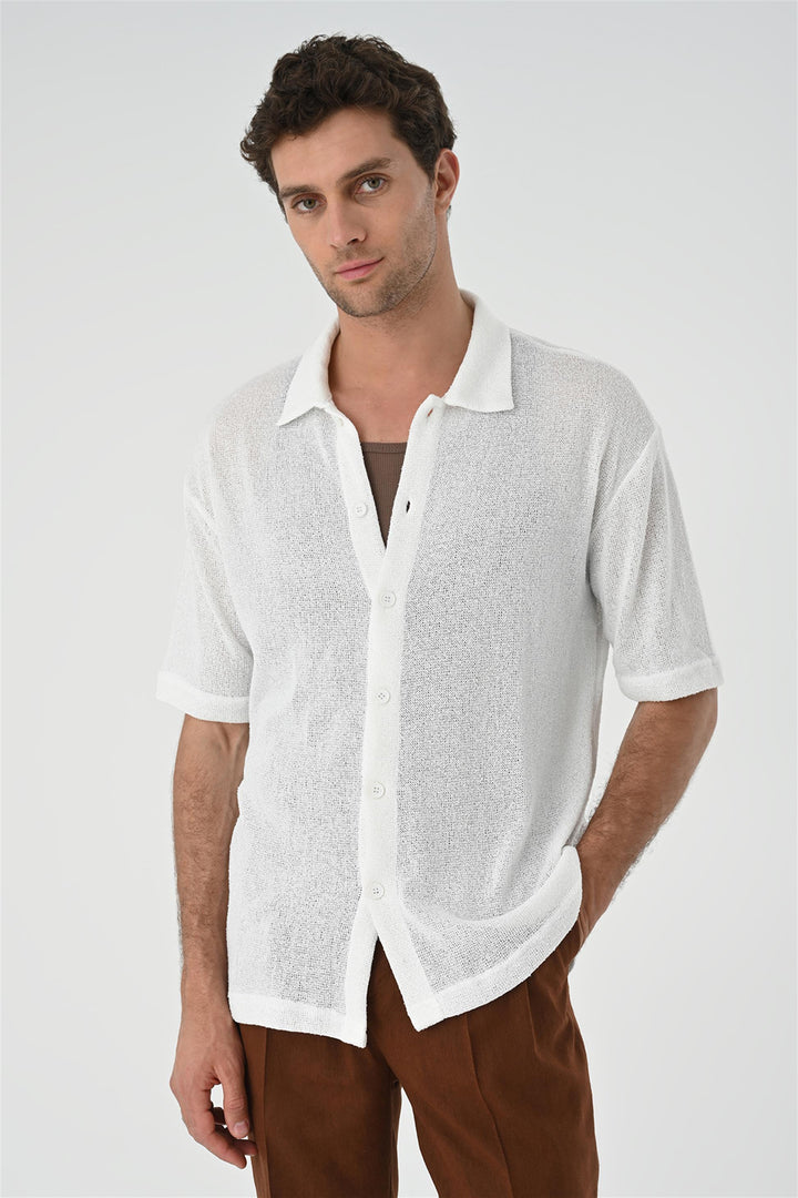 Men's White Relax Fit Knitwear  Shirt - Wessi